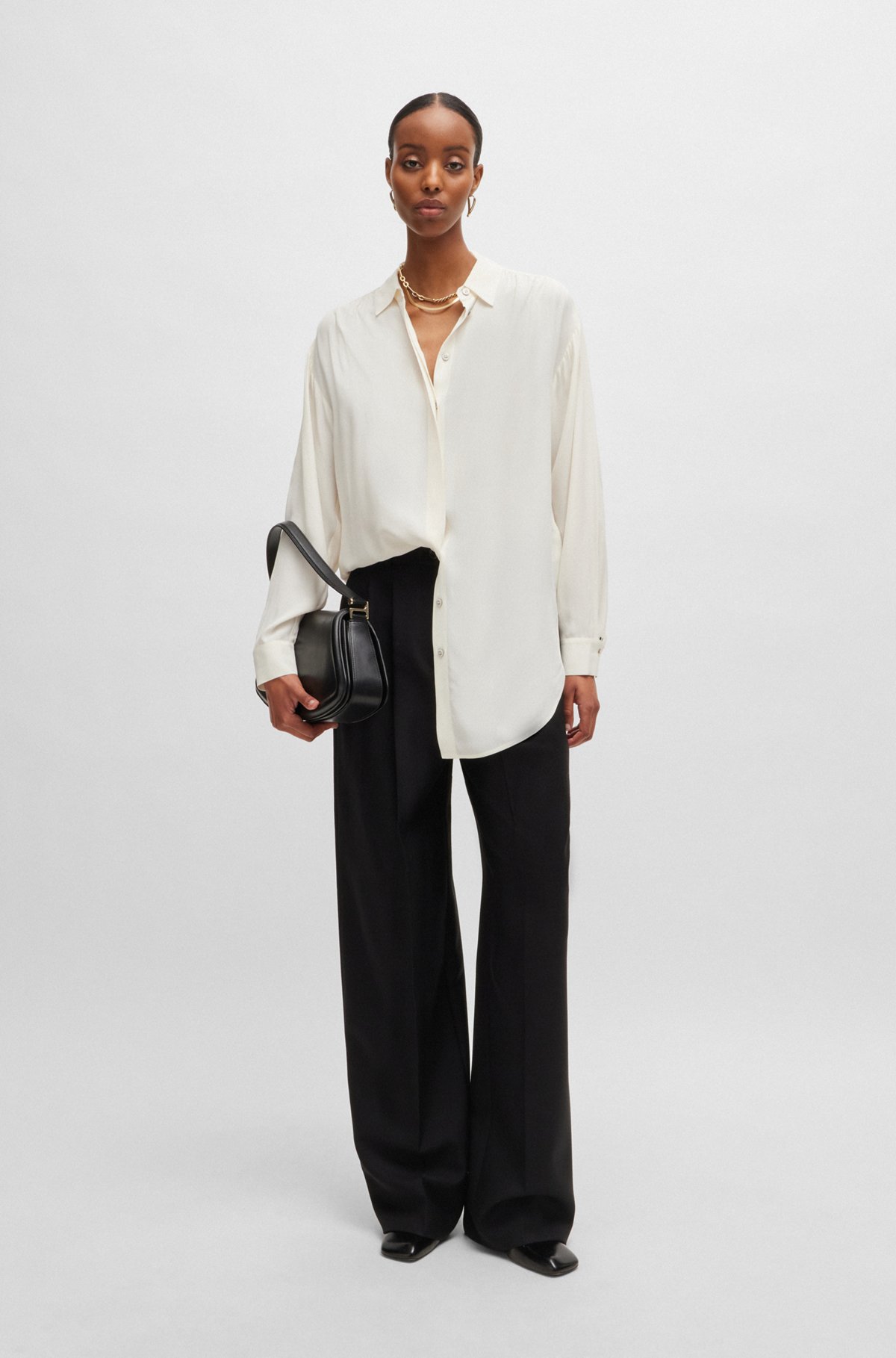 Long-length relaxed-fit blouse with concealed closure, White