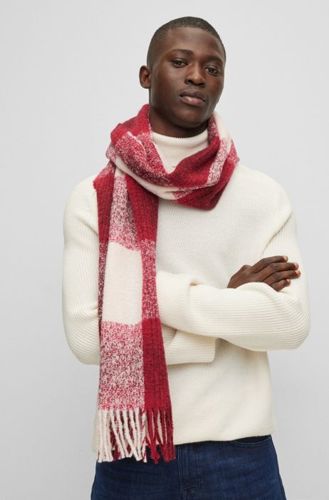 BOSS - Fringed scarf with tonal check in soft yarns
