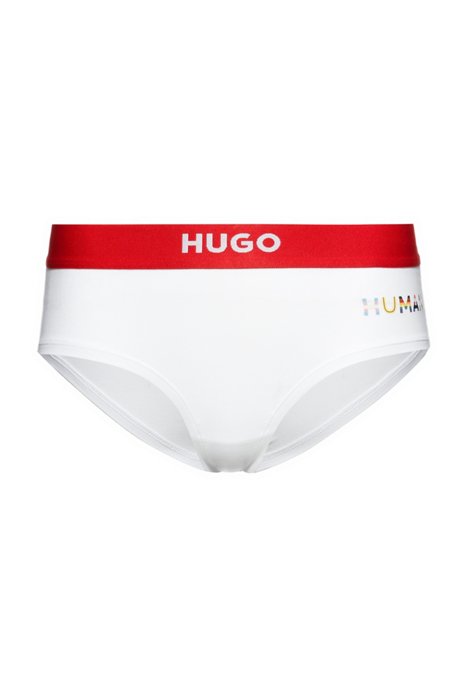 Stretch-cotton hipster briefs with multi-coloured slogan, White