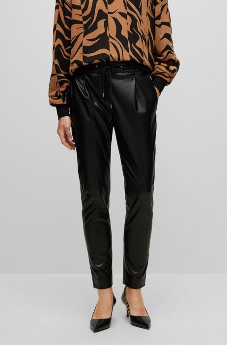 Drawstring-waist regular-fit trousers in faux leather, Black