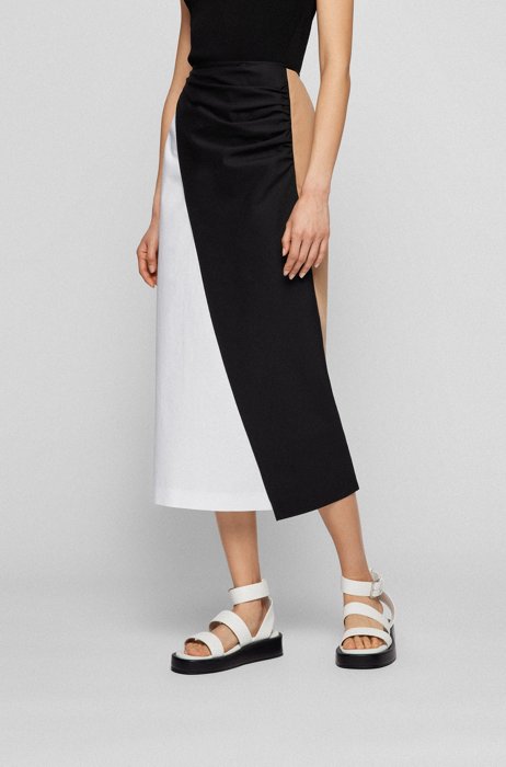 Midi-length skirt in cotton-blend twill, Black Patterned