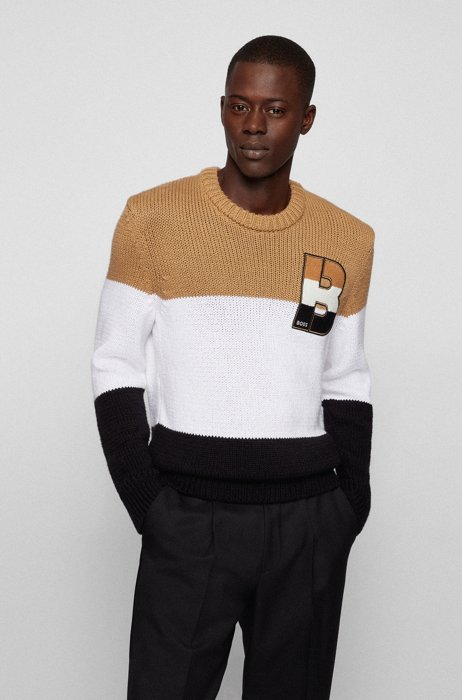 Colour-blocked cotton sweater with 'B' patch, Black