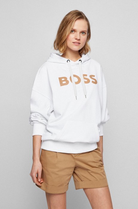 Cotton-blend hooded sweatshirt with logo print, White
