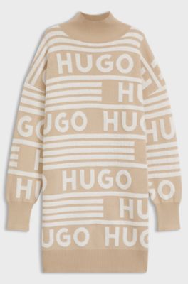 Oversized-fit sweater dress with logo details, Beige Patterned