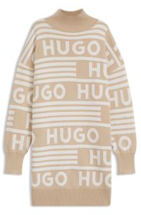 Oversized-fit sweater dress with logo details, Beige Patterned