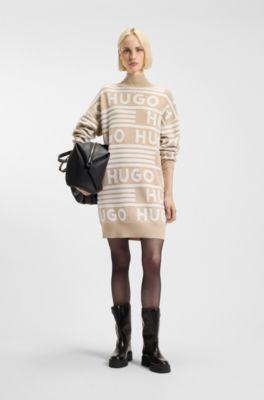 Oversized-fit sweater dress with logo details, Beige Patterned