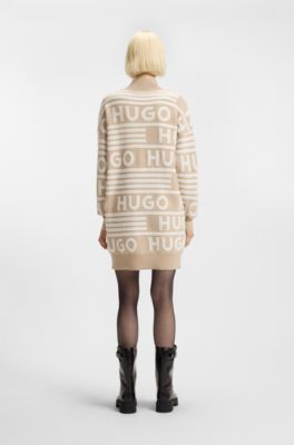 Oversized-fit sweater dress with logo details, Beige Patterned