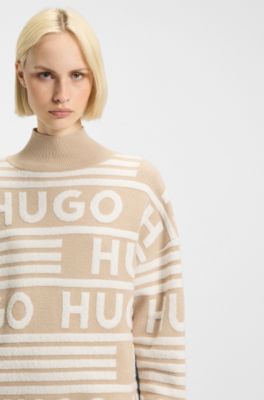 Oversized-fit sweater dress with logo details, Beige Patterned