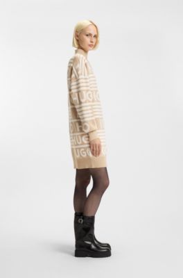 Oversized-fit sweater dress with logo details, Beige Patterned
