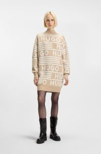 Oversized-fit sweater dress with logo details, Beige Patterned