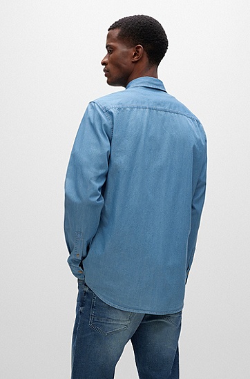 BOSS 博斯常规版型纯棉牛仔布衬衫,  451_Light/Pastel Blue