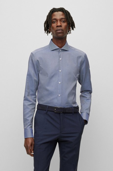 Slim-fit shirt in Italian structured cotton, Blue
