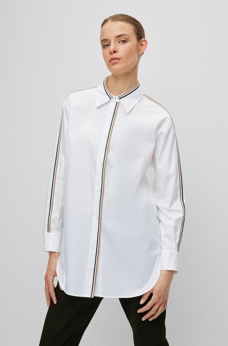 Long-length cotton blouse with signature-stripe trims, White