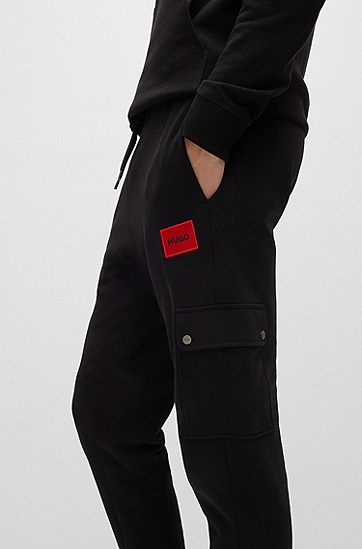 HUGO 雨果工装口袋宽松版型棉质毛圈布运动裤,  001_Black