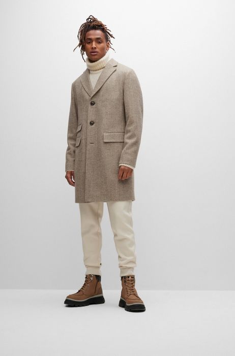 BOSS - Wool-blend coat with herringbone structure