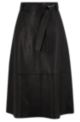 Nappa-leather A-line skirt with belted waist, Black