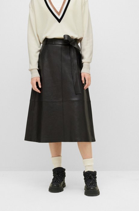 Nappa-leather A-line skirt with belted waist, Black