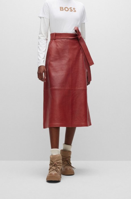Nappa-leather A-line skirt with belted waist, Red