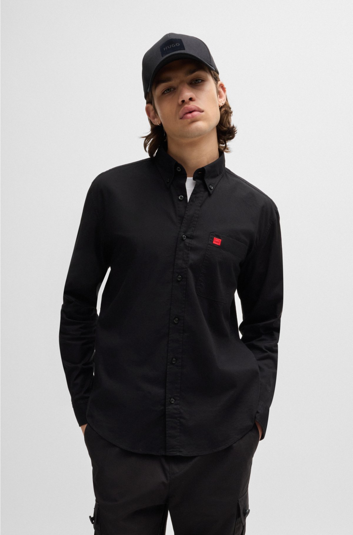 Button-down slim-fit shirt in Oxford cotton, Black