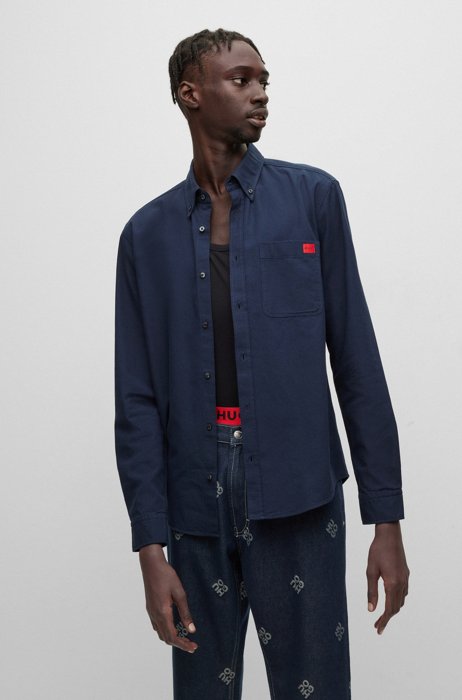Chemise Slim Fit en coton Oxford avec étiquette logo tissée, Bleu foncé