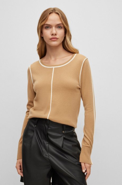 Wool-cashmere regular-fit sweater with contrast details, Beige