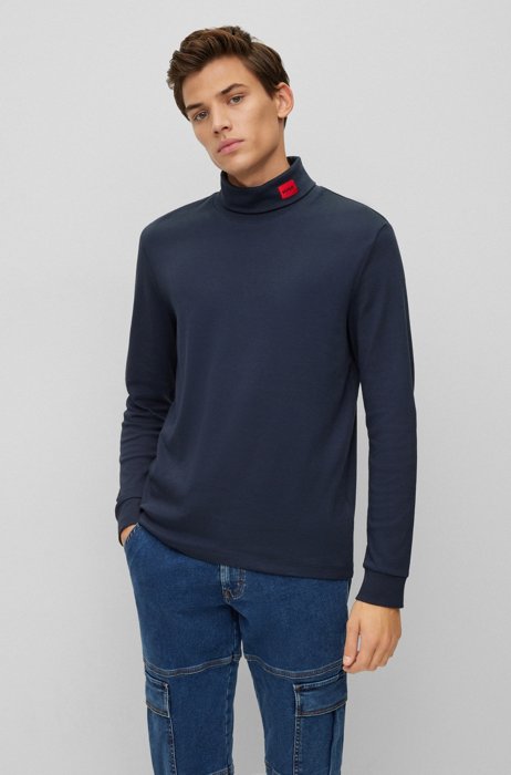 Long-sleeved slim-fit T-shirt with red logo label, Dark Blue