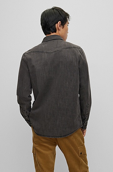 纯棉牛仔布宽松版型衬衫,  069_Open Grey