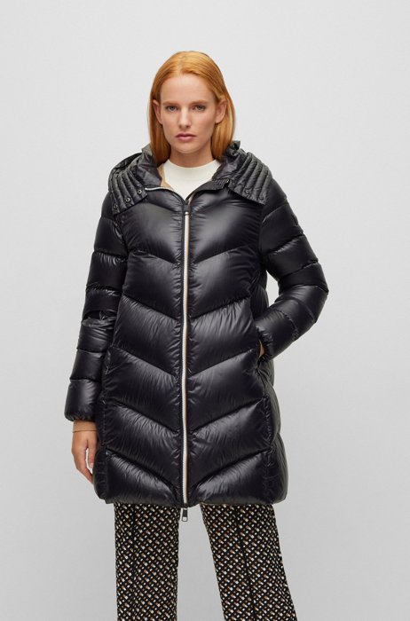 Longline quilted down jacket with oversized hood, Black