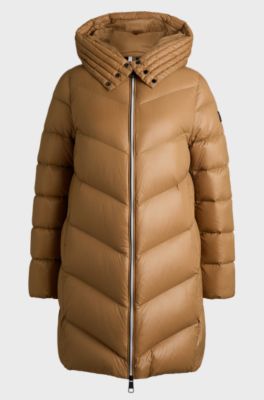 Casaco parca com enchimento de penas e capuz grande, Beige