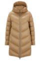 Longline quilted down jacket with oversized hood, Beige