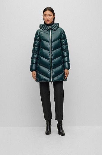 Longline quilted down jacket with oversized hood, Dark Green