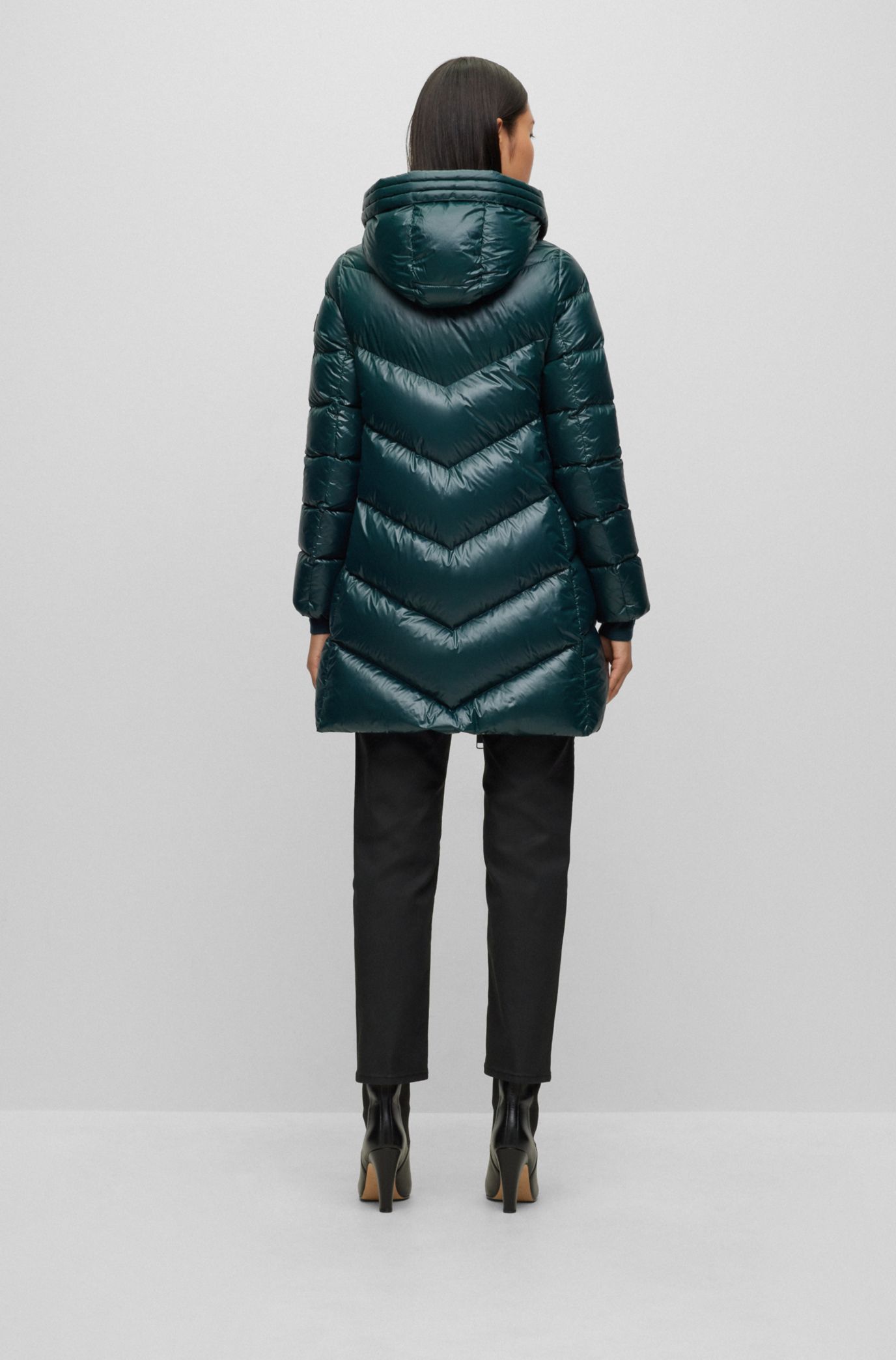 BOSS - Longline quilted down jacket with oversized hood