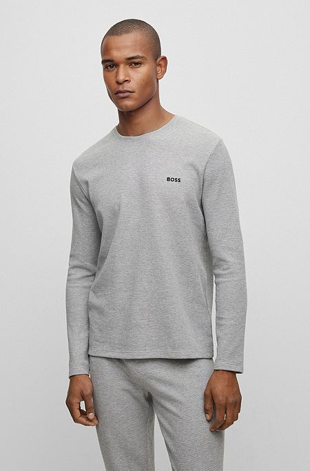 Pyjama-Shirt aus Baumwoll-Mix mit Waffelstruktur und Logo, Grau