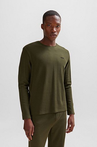 Pyjama-Shirt aus Baumwoll-Mix mit Waffelstruktur und Logo, Dunkelgrün