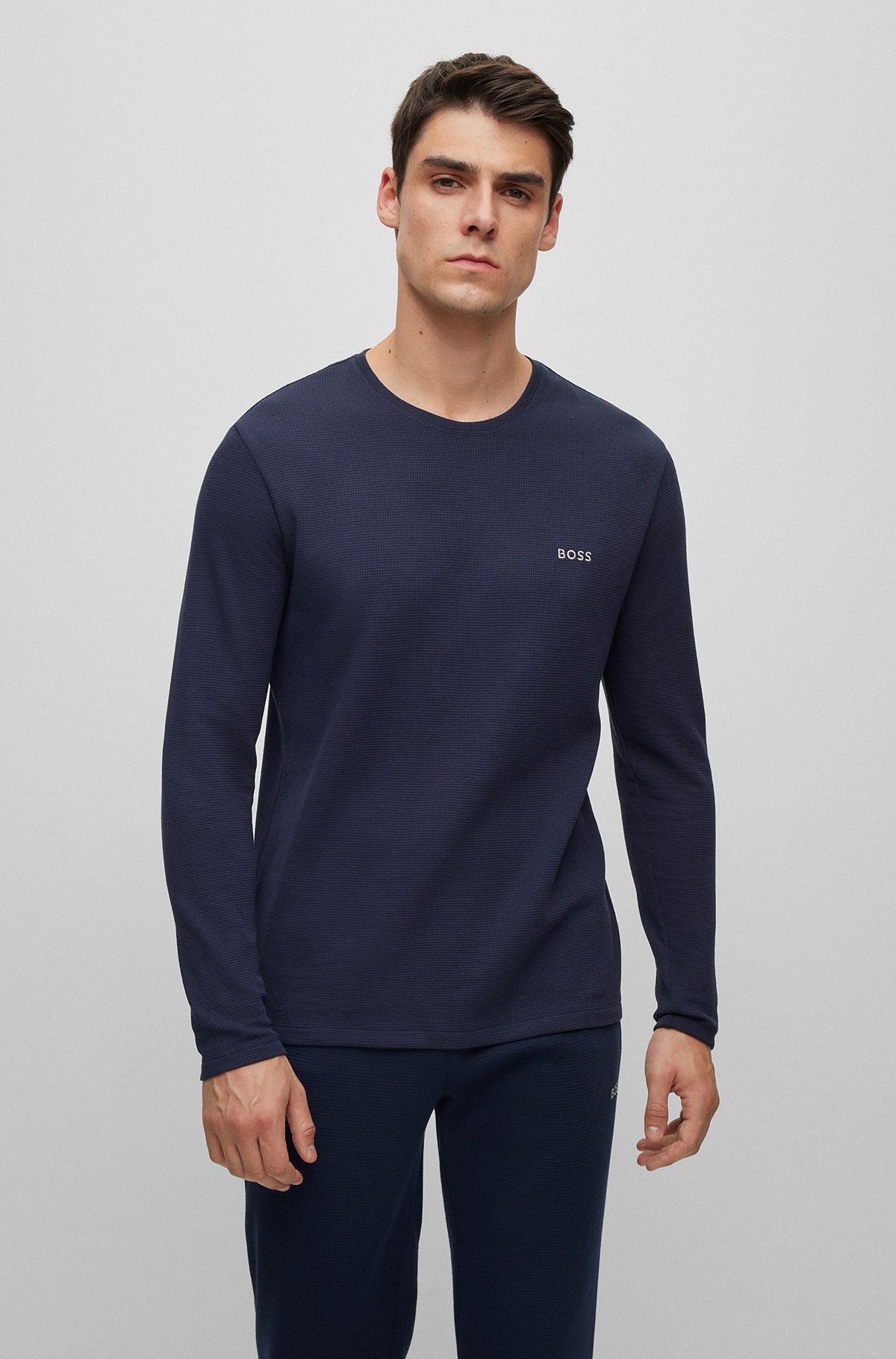 Cotton-blend pyjama T-shirt with embroidered logo, Dark Blue