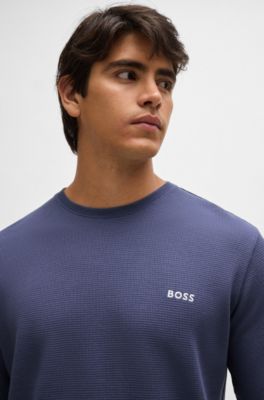 Sweat en coton mélangé bleu à coupe ajustée pourvu d'un col