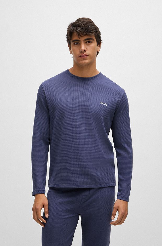 Cotton-blend pyjama T-shirt with embroidered logo, Dark Blue