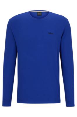 Hugo Boss Waffle Cotton-blend Pyjama T-shirt With Logo In Blue