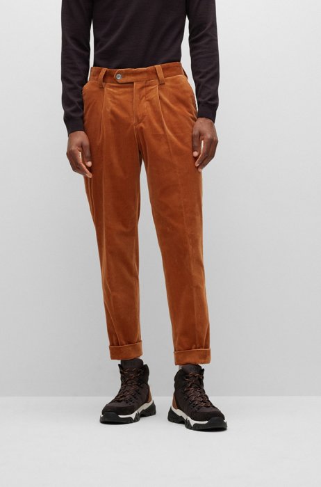 Tapered-fit trousers in stretch-cotton corduroy, Brown