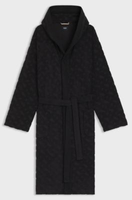 Monogram-pattern dressing gown in cotton-blend terry , Black