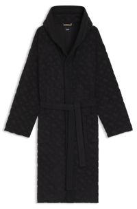 Monogram-pattern dressing gown in cotton-blend terry , Black