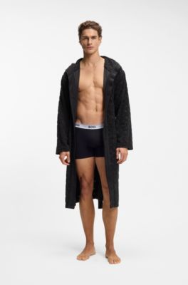 Monogram-pattern dressing gown in cotton-blend terry , Black