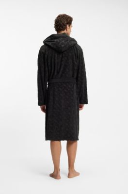 Monogram-pattern dressing gown in cotton-blend terry , Black