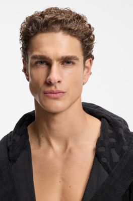 Monogram-pattern dressing gown in cotton-blend terry , Black