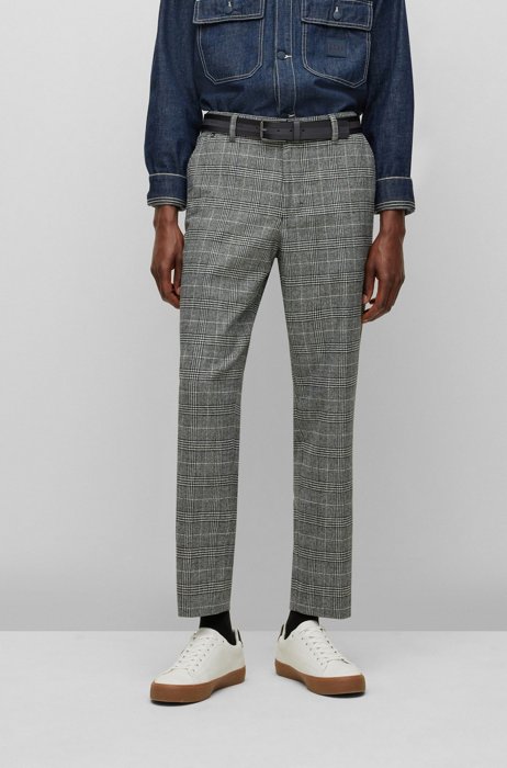 Tapered-fit trousers in checked performance-stretch fabric, Black