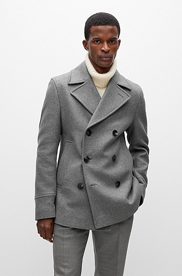 羊毛混纺修身版型双排扣外套,  041_Silver