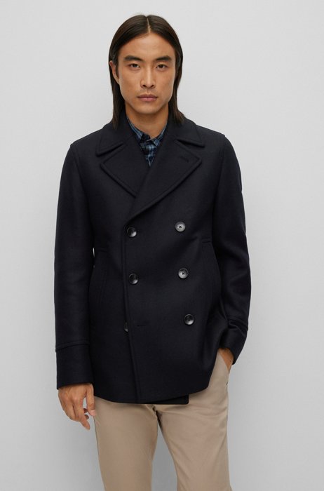 Wool-blend slim-fit coat with double-breasted closure, Dark Blue