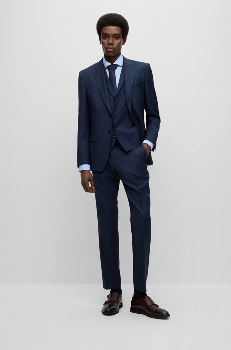 Slim-fit three-piece-suit in micro-patterned virgin wool, Dark Blue