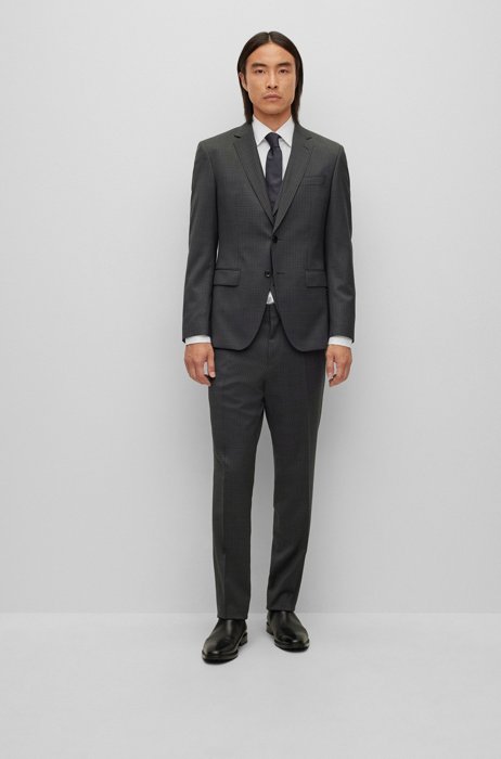 Three-piece slim-fit suit in patterned stretch wool, Black