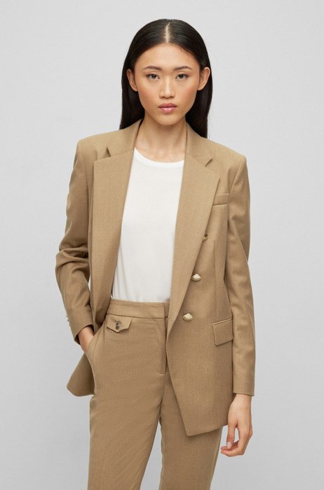 Double-breasted slim-fit jacket in stretch-wool flannel, Beige
